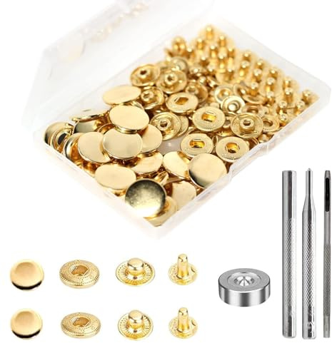 Basicon Lot de 24 boutons-pression en laiton de 17 mm de diamètre - Boutons pression en métal bronze avec outil de fixation pour cuir, jean, veste, portefeuille, sac à main - Doré