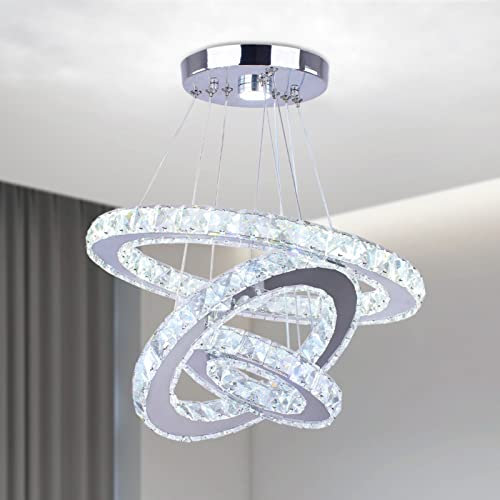 Cainjiazh Modern Crystal Chandeliers 3 Rings Round LED Chandelier Fixtures DIY Pendant Lighting Stainless Steel Adjustable Chandelier Ceiling Light for Dining Room Bedroom Living Room (Cool White)