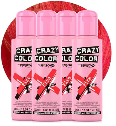 Crazy Color Fire Red Hair Dye Quad 400ml | Vibrant Semi Permanent, Highly Pigmented Pillarbox Red Conditioning & Oil Nourishing Vegan Formula | No Bleach or Ammonia