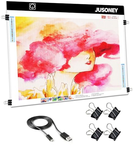 JUSONEY Diamond Painting Leuchttisch A2 Light Pad Diamond Painting Zubehör Zeichentisch zum Zeichnen Skizzieren Malen Animation Diamond Painting mit 4 Befestigungsclips