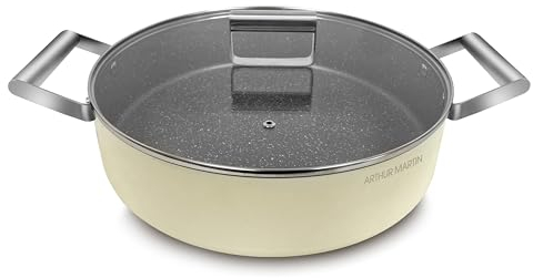 ARTHUR MARTIN, Faitout bas 28 cm Grand Chef, Aluminium forgé, revêtement anti adhérent, poignées et anses en acier rivet et couvercles en verre, Tous feux dont induction, Crème