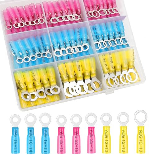 Tanbupu 125Pcs Heat Shrink Ring Wire Connectors，#10,1/4,5/16,3/8(3 Colors/4 Sizes)12-10 16-14 22-16 Gauge Waterproof Automotive Marine Electrical Terminals Kit，Insulated Crimp Connector Assortment