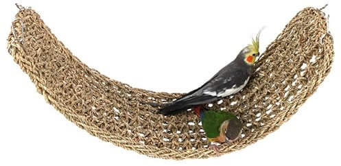 Monsully Hamac à Oiseaux avec Crochets, Filet Tissé en Jonc de Mer Naturel, Accessoires de Cage à Oiseaux, Corde d'Escalade, Jouets à Mâcher pour Calopsitte, Hamster