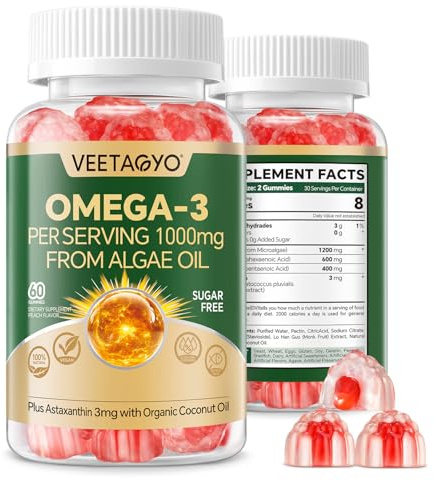 Vegan Omega 3 Gummies 1200mg - Dual Layer - Fish Oil Alternative, Marine Algae Omega 3 Supplement DHA 600mg, EPA 400mg with Astaxanthin,Sugar Free,60 Cts