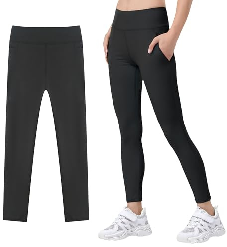 JinBei Mädchen Leggings mit 2 Taschen Sportleggings, Schwarz, GR. 134-140