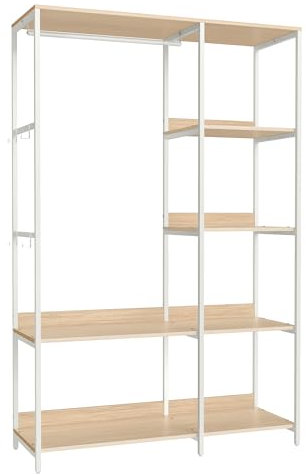SONGMICS Kleiderschrank offen, Kleiderständer, Garderobenständer, Garderobe mit Kleiderstange, Ablagen, abnehmbare Haken, 40 x 98 x 181 cm, naturbeige-mattweiß RGR024W01