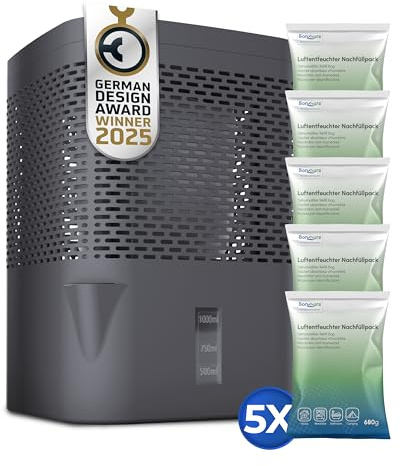 BonAura Deumidificatore senza elettricità fino a 23 m², ventilazione a 360°, deumidificatore con bocchetta e 5 deumidificatori da 680 g, granulato, protezione contro muffe e odori, deumidificatore