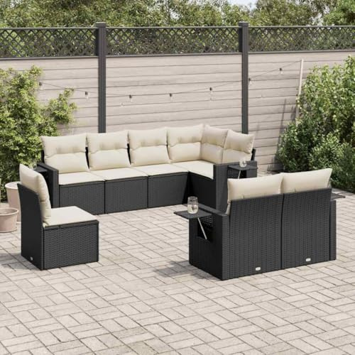Qnhdfrt Set di 8 divani da giardino, in rattan sintetico, con cuscino bianco crema, spazio e tavolo pieghevole, per terrazza, giardino e balcone