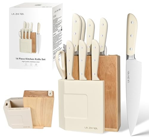 LIN ZHI REN Knife Set with Detachable Block, 14 Pieces, Kitchen Knives for Chopping, Slicing, Dicing Cutting and Peeling, White