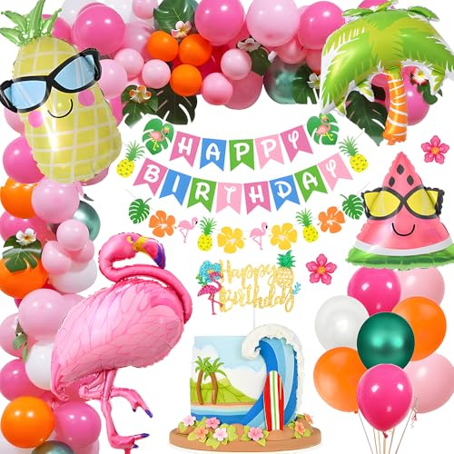 Hawaiana Tropical Fiesta Decoración, Decoracion Hawaiana Fiesta Arco de Globos Flamingo con Pancarta de Cumpleaños, Hawaianas Látex Globos para Cumpleaños Fiesta Temática de Verano en la Playa