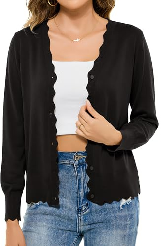 Lovasy Cardigan con Bottoni Donna Corto Giacca in Maglia Elegante Curvy a Maniche Lunghe Golfino con Scollo a V Aperto Davanti Cardigan Leggero ed Traspirante,A-Nero,XL