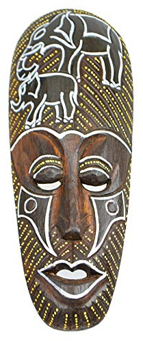 Coco Papaya Masque Africain en bois 30cm motif Eléphants.