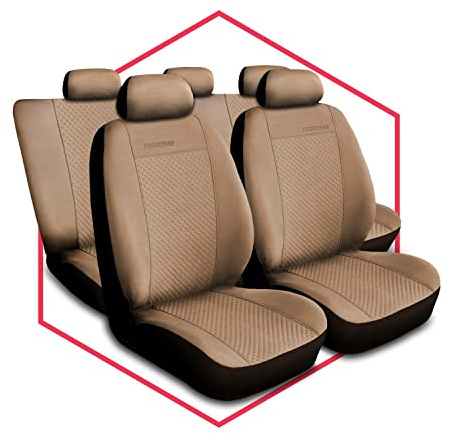 Saferide 3er Set Autositzbezüge PKW universal | Auto Sitzbezüge Velourslederimitat Beige für Airbag geeignet | für Vordersitze und Rückbank | 1+1 Autositze vorne und 1 Sitzbank hinten teilbar