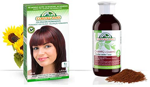 Corpore Sano Pack Coloracion Caoba 5.5 Permanente 140ml + Champu Henna para cabellos caoba 300ml - Tinte de coloración sin amoníaco, resorcinol ni parabenos. Champú natural de Henna