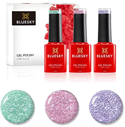 Bluesky Gel Nail Polish Set, Snow Angel G5SN04, Go Sledding E5SN03, Let It Snow G5SN05, 3 x 5 ml, Pink, Green, Purple, Glitter, Snowfall (Requires Curing Under LED/UV Nail Lamp)