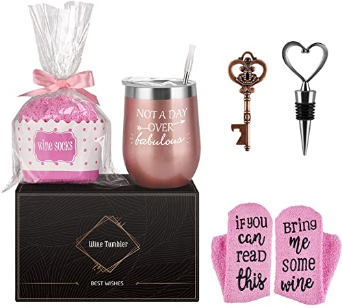 Livole - Set regalo di compleanno per donne, bicchiere di vino per cupcake e vino, 340 g, in acciaio inox, con coperchio, cannuccia, calze, apribottiglie, tappo per vino, 340 ml, colore: oro rosa