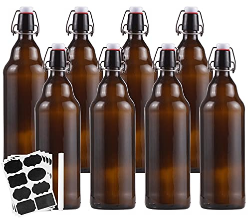 Encheng Amber Glass Bottles With Air Tight Lids 32 oz, Easy Cap for Beer and Home Brewing, Kombucha With Stoppers, Swing Top for Beverages 8 Pack
