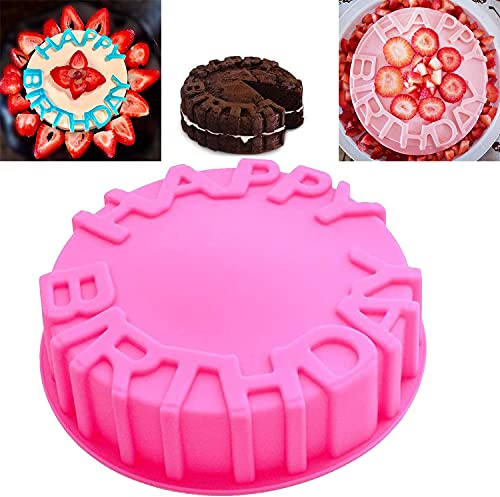 OMDBAGD Birthday Cake Molds for Baking Silicone Cake Pan Tools，Non-stick Cheese Reusable and Durable Pastry Mould for Dessert, Cookie, Bread, Pudding, Jelly, Chocolate and More（Pink、7.9in）