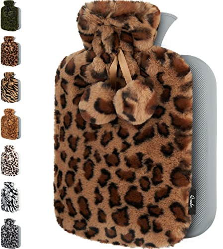 Borsa Acqua Calda con Copertura Peluche - Morbida Copertura Premium - 1,8L Grande Capienza - Boule Acqua Calda per Alleviare il Dolore, Schiena - Stampa Leopardata Marrone