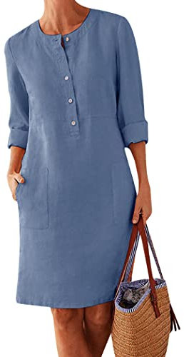 OMZIN Damen Baumwoll Leinen Kleid 3/4 Ärmel Midi Länge Button Down Hemdkleider Mit Taschen Blau L