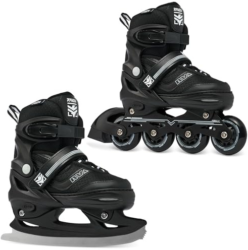 Raven - Pattini a rotelle per bambini, ragazze, ragazzi, adulti, bambini - Pattini a rotelle 2 in 1 con lame da ghiaccio - Regolabili - Drill Black con Pattini, 34-37 (21,5-24cm)