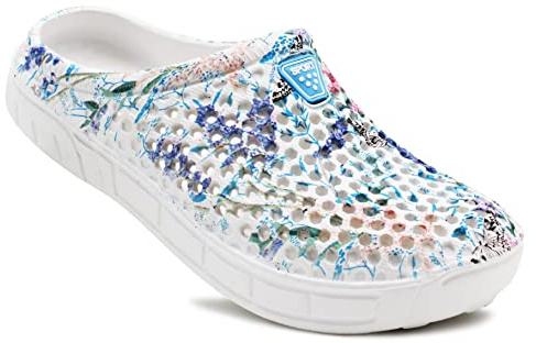 IMTY Womens Lightweight Breathable Clogs Slip On EVA Ladies Floral Summer Garden Slipper Mule Pool Shower Sandals (Blue Floral, UK_Footwear_Size_System, Adult, Women, Numeric, Medium, Numeric_7)