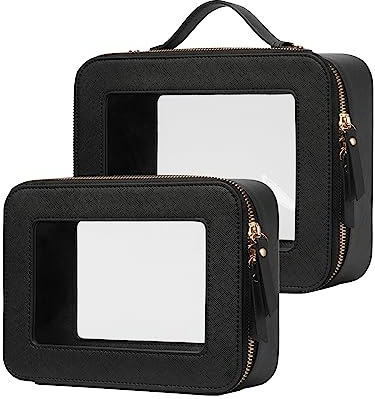 Popvibe Clear Makeup Case Set Black Toiletry Bag Travel Large Clear Cosmetic Bag with Zipper, Big Make Up Bag Organizer Women Traveling TSA Approved Transparent Bag Car for Essentials