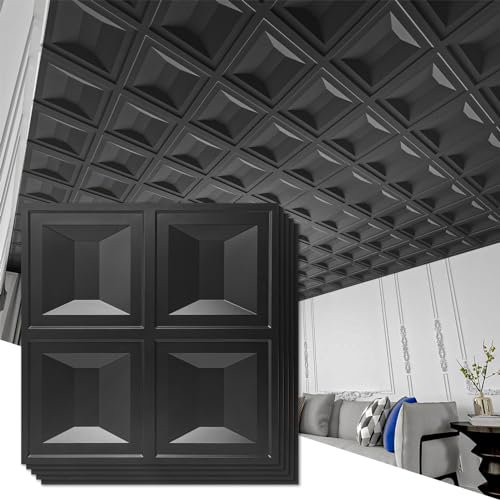 Art3d Drop Ceiling Tiles 24x24, 12 Sheets PVC Decorative Glue up Ceilng Panels 2x2, Black