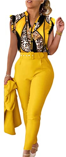 shownicer Anzug Damen Elegant 3 Teiler Sommer Drucken Rüschenärmel Hemd Bluse Und Hosen Und Gürtel Set Bussiness Outfit Hosenanzug Slim Fit Streetwear Anzüge Kombi B Gelb M