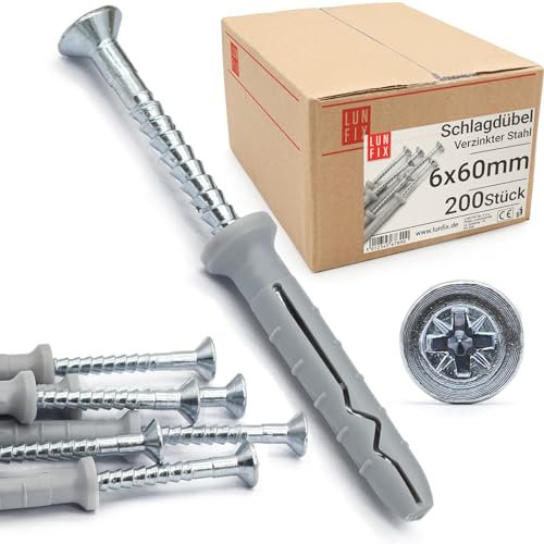 Tasselli muro 6x60 mm con vite premontata, Testa svasata, per montaggi rapidi, adatti come tasselli per cemento armato e cartongesso, ideali anche per cappotto esterno, 200 Pz. – Lun Fix