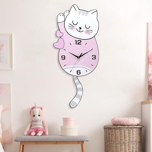 Moderne, niedliche klassische Wanduhr mit großen Zahlen, dekorative Wanduhr mit 3D-Pendel, moderne, nicht laufende, stumme Metall-Wanduhr für Wohnzimmer, Schlafzimmer, Arbeitszimmer, Büro (Katze, 27,9