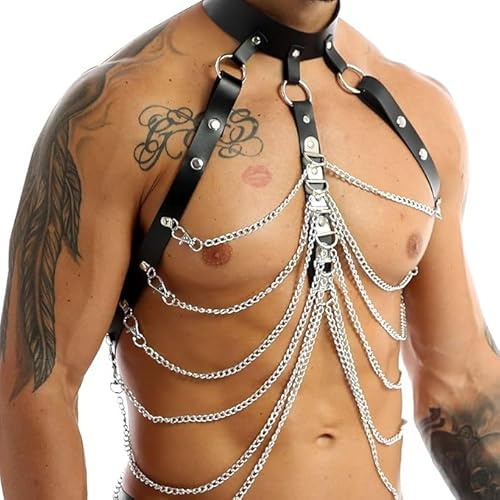 MEGAHERZ Hommes Harnais Réglable PU Cuir Poitrine avec Boucle Métal O-Ring/Chaîne Punk Gothique Corps Harnais Epaule Sexy Clubwear