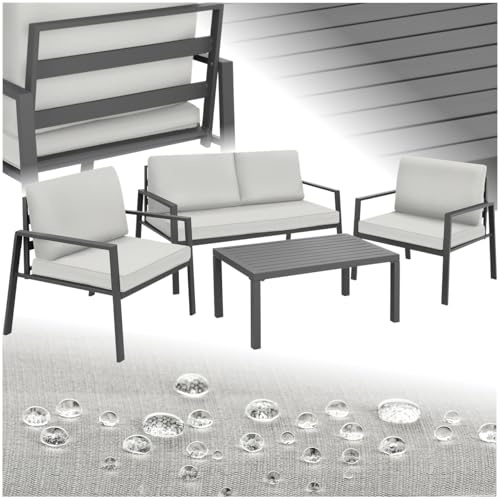 tectake® Salottino da Giardino, 2 Poltrone, 1 Divano e 1 Tavolo da Giardino con Piano a Lamelle, Telaio in Alluminio, Resistente alle Intemperie, Morbidi Cuscini Idrorepellenti - Grigio Chiaro