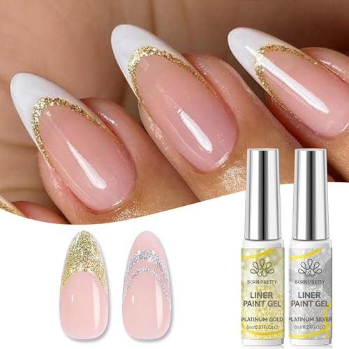 BORN PRETTY Liner Gel Nail Polish Glitter Gold Silver Colors Painted Gel Soak off French Manicure Liner Nail Art Design Drawing Polish U V/LED for Home Salon DIY 2Pcs