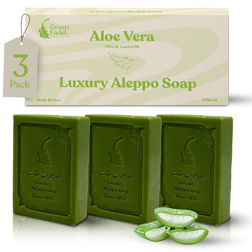 GREEN FADEL Aleppotvål Luxury Aloe Vera, olivolja, 3 x ca 100 g | Naturlig olivoljetvål, handgjord, med lagerbärsolja, för ansikte, kropp och händer, plastfri förpackning
