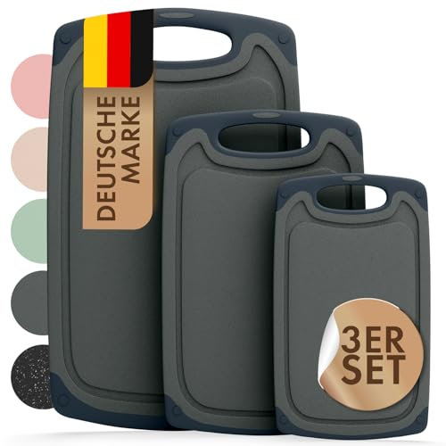 Blumtal planche a decouper - set avec 3 différentes tailles (S/M/L) - planche a decouper plastique sans BPA - planche à découper avec poignée et rigole à jus - passe au lave-vaisselle - robuste - gris
