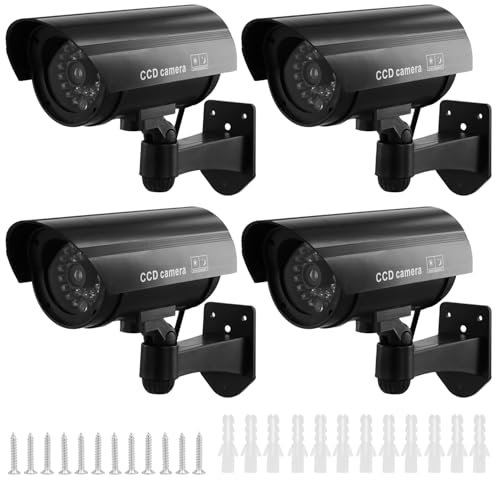 QWORK® 4 Pack Black Dummy Security Cameras with Red Flashing Light, Waterproof Bullet Shape, Outdoor Indoor Use, Includes CCTV Signs and Screws, No Batteries Included