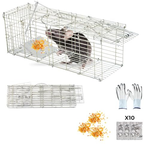 WEMK Trappola per Topi XL Pieghevole - Gabbia Vivi Riutilizzabile - Kit Professionale con 10 Esche e Guanti - Cattura Senza Veleno - Acciaio Inox Sicura Bambini