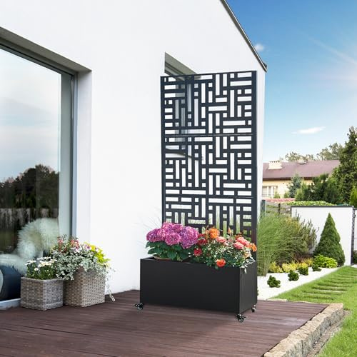 casa.pro Jardinière Brise-Vue avec 4 roulettes Dont 2 avec Freins Cloison de Séparation Paravent avec Bac à Fleurs Protection Résistant Élégant Acier Galvanisé 190 x 82 x 38 cm Noir