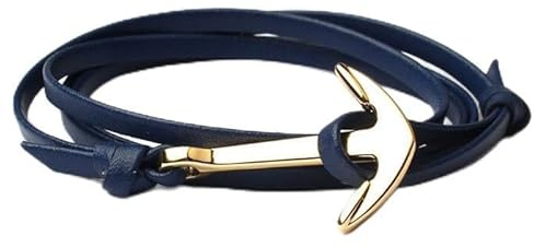 Ankare armband lädersnöre blå med guld