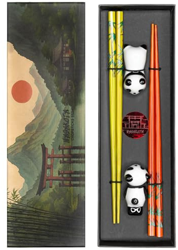 Nasakota Reusable Bamboo Chopsticks with Ceramic Panda Rests Wooden Chop Sticks for Sushi Ramen Noodles Rice (Nasakota)