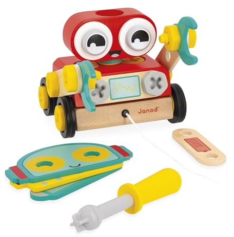 Janod - Mon Premier Jeu de Construction - Robot en Bois à Construire - 42 Pièces + 4 Cartes Modèles - Stimule Imagination et Motricité - Dès 2 Ans