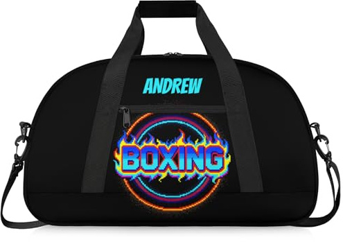 Martial Arts Training Duffle Bag | Personalised Taekwondo Karate Boxing Gym Bag for Men & Kids | Custom Name Water-Resistant Sports Holdall for Gear & Gloves, Boxing Flame Pixel Art