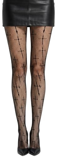 FRCTLNKG Fishnet Tights Womens, Fishnets Pantyhose (One Size Fits Most) | Patterned Gothic Cross Lace Fish Net Design, Sheer, Stretchy, for Music Festival, & Party