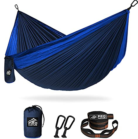 Pro Venture Double Camping Hammock - 10.5 x 6.5 FT (9ft Tree Straps, 2 Carabiners) - 2 Person, Portable, Lightweight Parachute Nylon 210T Hammocks - for Backpacking, Travel, Hiking, Patio (Double)…