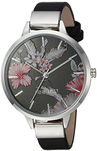 Nine West Women's Floral Dial Strap Watch Black/Silver