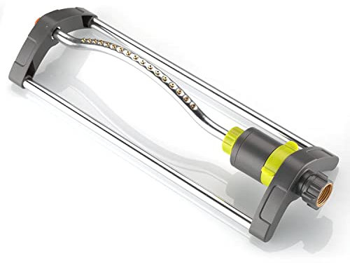 GUDWING - Aspersor oscilante de metal con boquillas de latón, aspersor de agua para cubiertas de césped de hasta 3,600 pies, incluye aguja de limpieza por chorro de pulverización, color gris