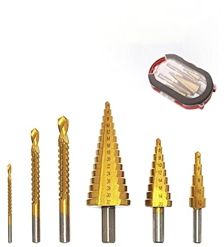 Juego de 6 brocas HSS con estuche recubierto de titanio, 3 tamaños de brocas escalonadas y helicoidales para trabajos de metal, carpintería, taladrado de agujeros