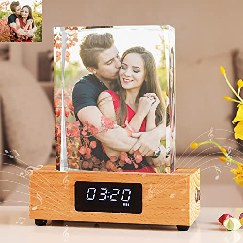 Impression en cristal avec votre photo, décor de bureau personnalisé cadeau photo cadre en verre transparent avec horloge Bluetooth 7 couleurs LED changement de lumière d'ambiance