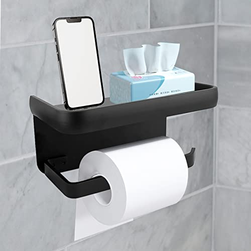 2 In 1 Toilettenpapierhalter mit Regal, Kikuo Self-Adhesive Klopapierhalter, Aluminium Badutensilien Toilettenpapierhalter Ohne Bohren für Bad Küche Handy Platzierung Schwarz, WC Klorollenhalter